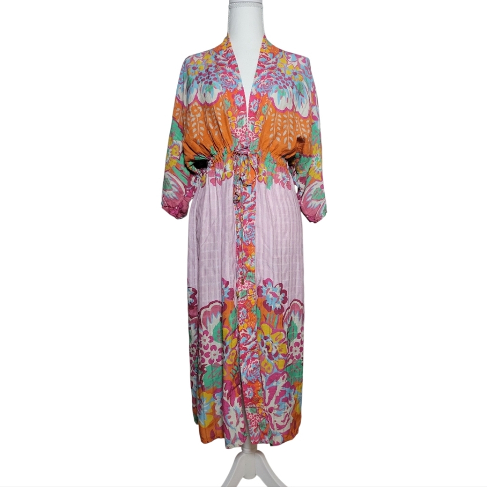 Anthropologie × Conditions Apply Floral Print Cinch Tie Waist Kimono Duster Top - Picture 6 of 16